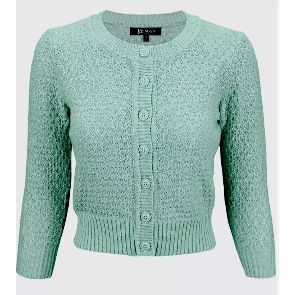 Ye Mak Mint Green Classic Casual Button Front Crew Neck Knit Crop Sweater Small